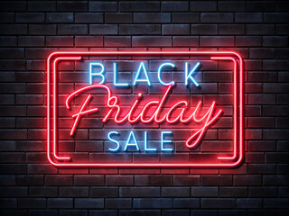 Obraz premium Black Friday sale. Black Friday neon sign on brick wall background. Glowing white and red neon text for advertising and promotion. Banner and background, brochure and flyer design concept 