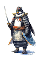 A fierce penguin dressed in detailed samurai armor, wielding a sword