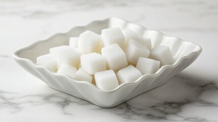 White sugar cubes in an elegant ceramic dish, isolated on a white marble surface