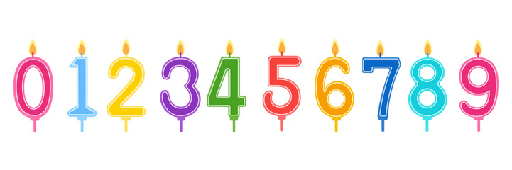 Colorful, multi-colored candles for a birthday cake. Candles in the form of numbers from 0 to 9. Today flat illustration.