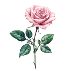 Fototapeta premium Beautiful full body pink rose illustration on a clean Png background, showcasing delicate petals and vibrant leaves, Full Body Pink Rose Illustration on Png background