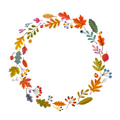 Obraz premium Autumn frame of autumn leaves and berries with empty space for your text. flat vector illustration