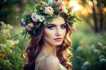 Naklejka premium Woman with flower crown in summer garden setting