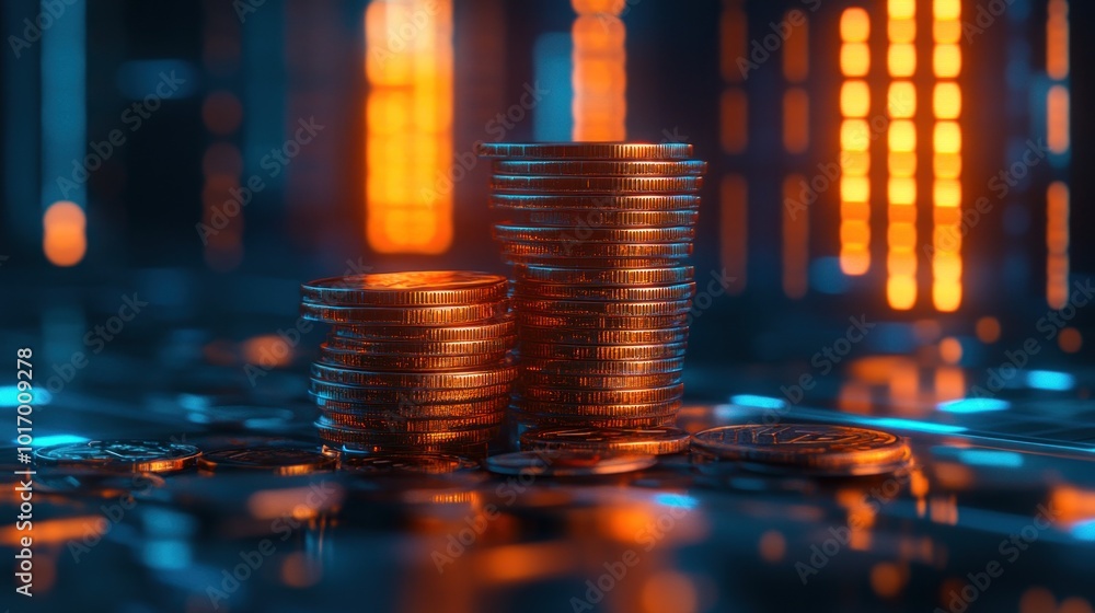 Poster a close-up of stacked coins with a futuristic glow in a digital environment.
