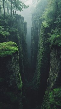 Moss-covered cliffs rise high in an enchanting forest under soft atmospheric light