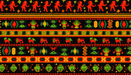 Colorful tribal pattern featuring figures and organic motifs in vibrant hues on a black background