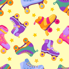 Roller skates seamless pattern. Vibrant retro print for fabric wrapping web design. Sporty girl stylish boots on wheels, vintage neoteric vector background