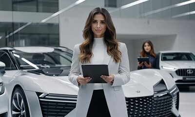 A confident presenter discusses cutting-edge electric vehicles in a sleek showroom, offering insights into their design and technology while engaging with the audience