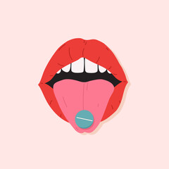 Woman's red lips with tongue. Open female mouth with tongue hanging out holding a oral pill. Drug lying in the mouth. Cartoon flat design, hand drawn vector illustration.