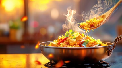 Paneer biryani being served hot from a large pot, with visible steam rising and the aromatic spices filling the air.