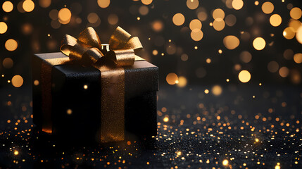 Black gift box with golden ribbon, luxurious and sparkling festive atmosphere