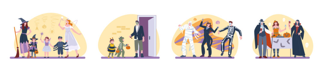 Halloween party. Adults children autumn festive activities, trick or treat dancing drinking scaring. Kids and parents wear masquerade costumes, kicky vector scenes
