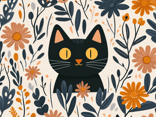 Cute Black Cat Surrounded by Autumn Flowers and Leaves, Whimsical Floral Illustration in Warm Tones