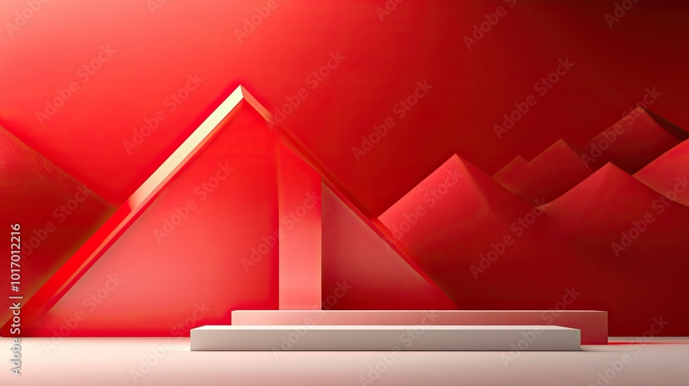 Poster a bold red geometric background with large, angular shapes and contrasting red tones, creating a str