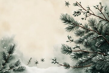 Obraz premium Winter wonderland with snowy pine branches and snowflakes