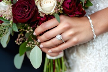 Close-up of the bride's hand with her engagement ring and the groom's hands on their wedding bouquet Generative AI