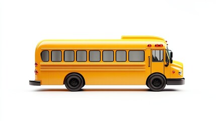 A bright yellow school bus isolated on a white background, showcasing every detail from wheels to windows.