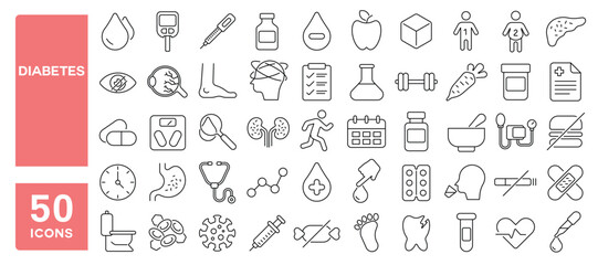 Set of 50 line icons related to diabetes, blood, test, glucometer, glucose, insulin, pen, hyperglycemia, checkup, pump, Editable stroke. Vector illustration