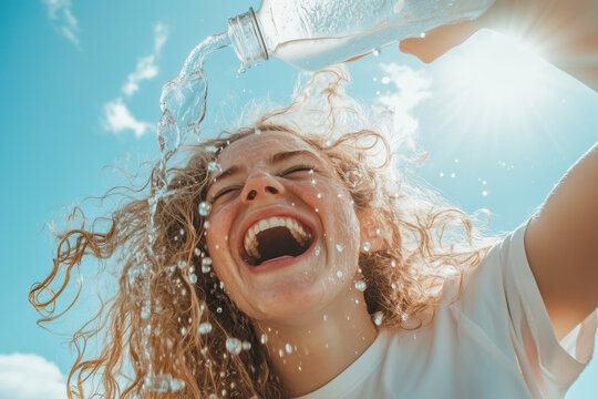 Happy and cheerful girl pours water from a bottle on herself on a hot summer day. - Powered by Adobe