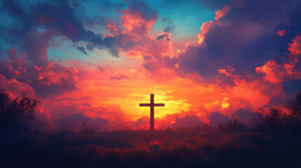 Fototapeta premium Cross silhouette on colorful sunset sky
