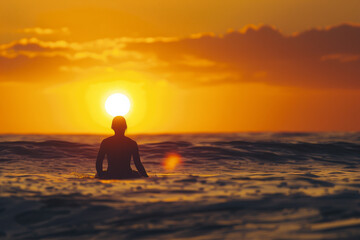 A person is sitting on a surfboard in the ocean at sunset