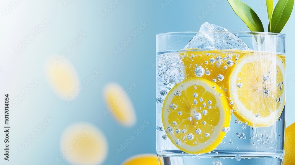 Poster a close-up of a glass of water with lemon slices floating in it, adding a touch of zest to the refre