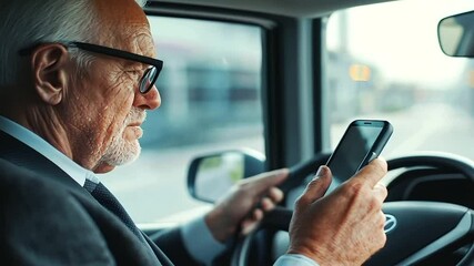 Close-up of a bus driver dangerously using a cell phone while driving, highlighting the risks of distracted driving