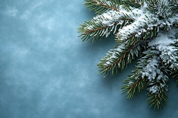 Obraz premium Snowy fir tree branch on a blue background