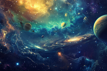 Obraz premium A colorful space scene with a large planet in the center