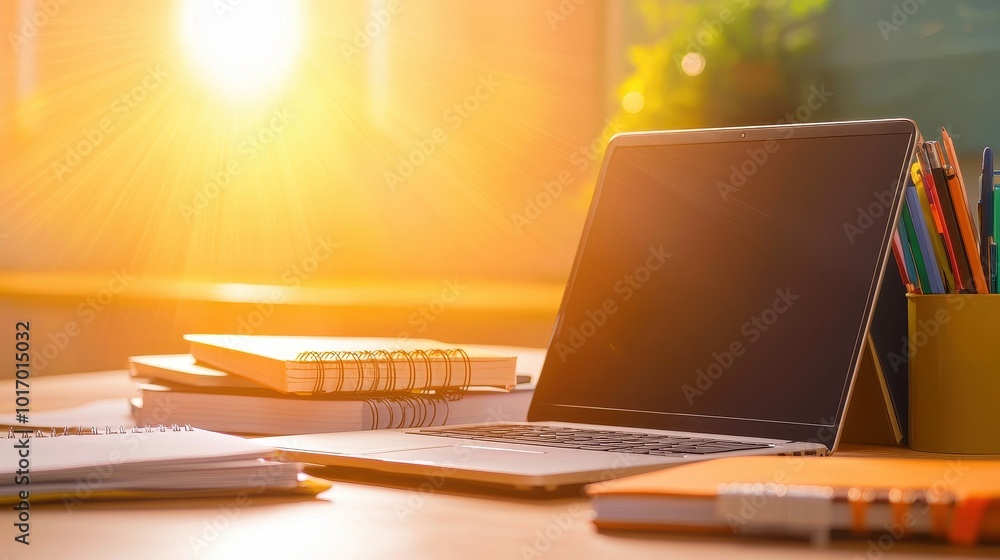 Poster a closed laptop on a classroom desk, surrounded by notebooks and textbooks, representing the transit