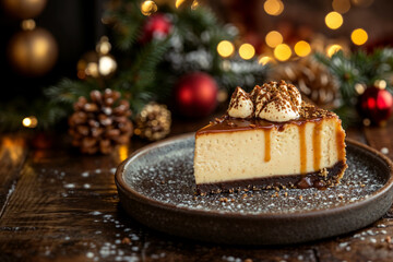 Christmas dessert, cheesecake with caramel in a ceramic plate on a wooden table with pine cones and glass balls, bokeh background	