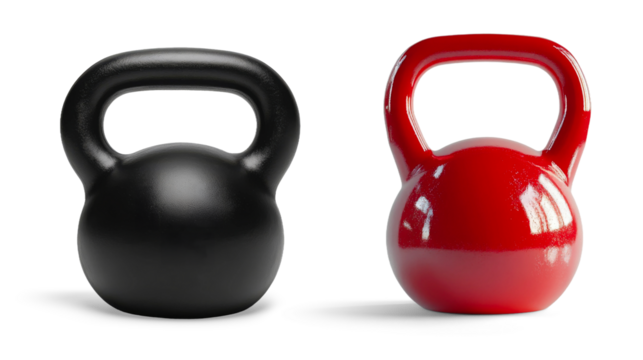 Two kettlebells, one black and one red, are shown on a transparent background