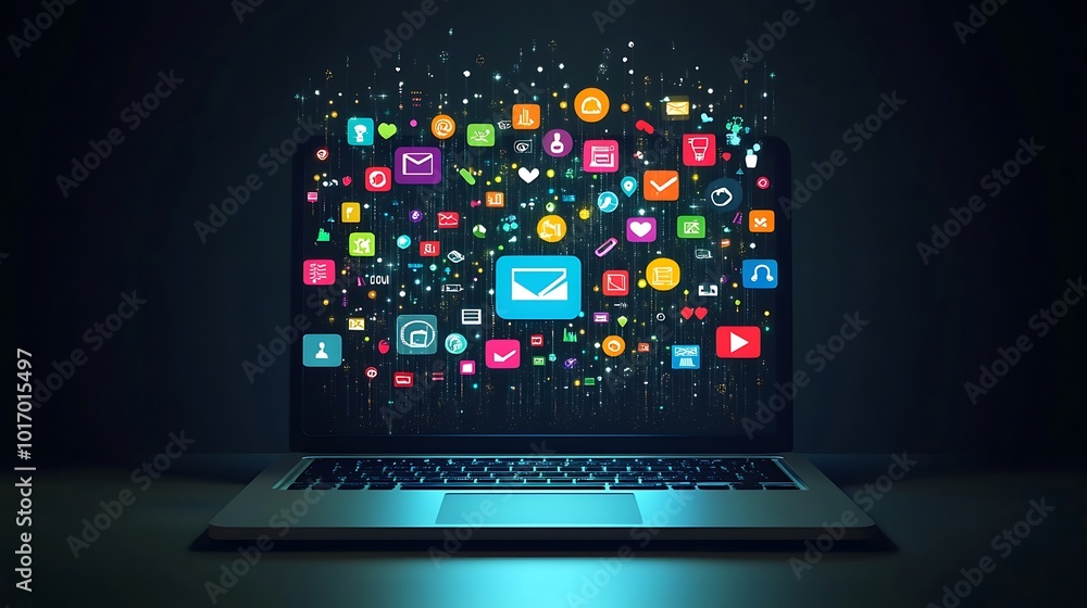 Poster A laptop with a glowing screen, emitting colorful app icons and data, representing the digital world, internet, and social media.