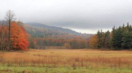 Fototapeta premium A serene landscape of autumn colors in a tranquil meadow under a cloudy sky