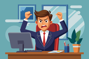 Angry Businessman Sitting at Desk in Office - Cartoon Illustration