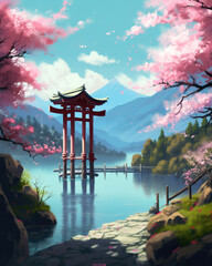 Naklejka premium generated illustration of Japanese torri gate against mt fuji as background