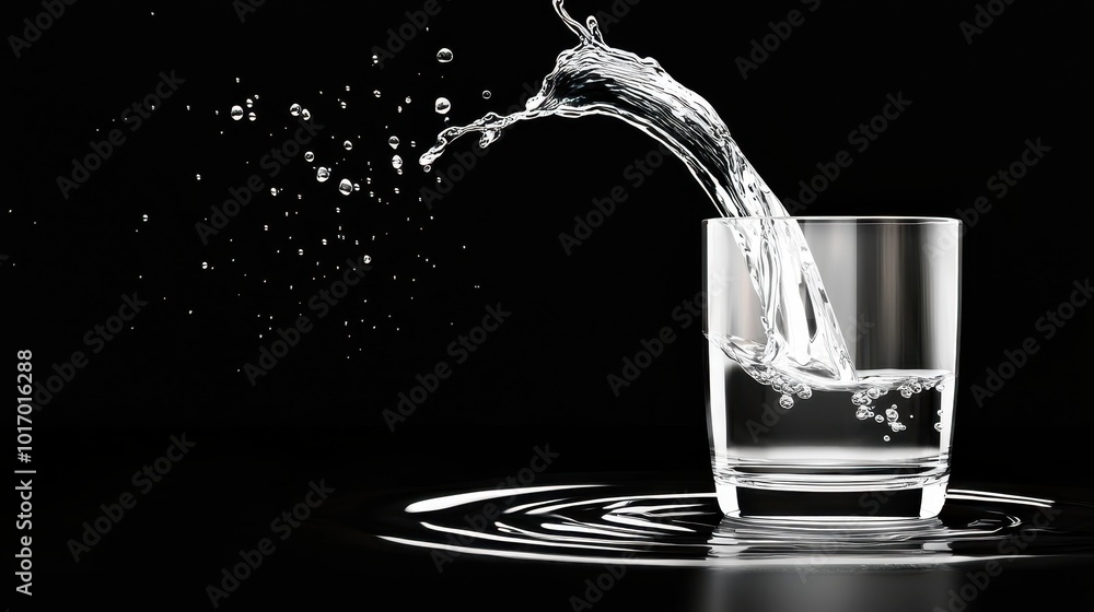 Poster a crystal-clear glass of water being poured from a pitcher, with drops splashing and creating a refr