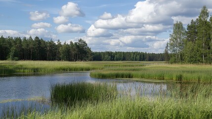 Fototapeta premium Tranquil summer afternoon by a serene lake surrounded by lush greenery and fluffy clouds