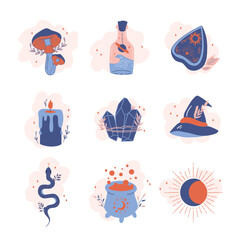 Witchcraft elements stickers collection. Magic cauldron, witch hat, candle, ouija board, snake, crystal, potion. Spooky halloween. Hand drawn vector illustration