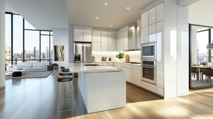 Fototapeta premium Modern kitchen with sleek design and city view, featuring an open layout and contemporary finishes.