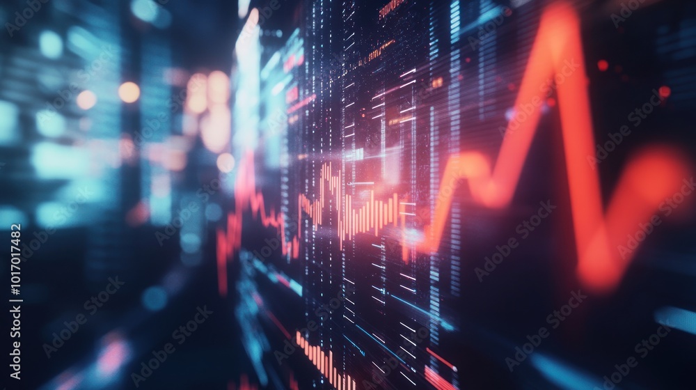 Poster abstract digital visualization of fluctuating data trends and analytics.