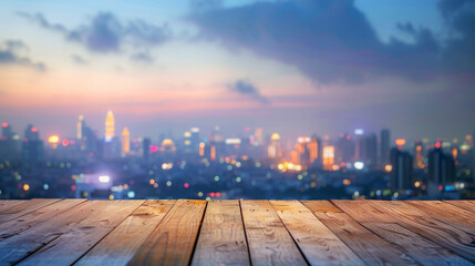 The empty wooden table top with blur background of sky lounge on rooftop with cityscape view