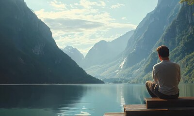 Man sitting by the lake. A young man by the lake enjoying the mountain view, practicing mindfulness or meditation or enjoying nature. - Powered by Adobe