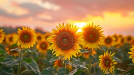 Fototapeta premium Sunflower field at sunset with warm light illuminating the petals of a central sunflower and vibrant surrounding blooms