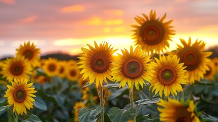 Obraz premium Sunflower field during a colorful sunset with multiple blooms and warm golden light across the horizon