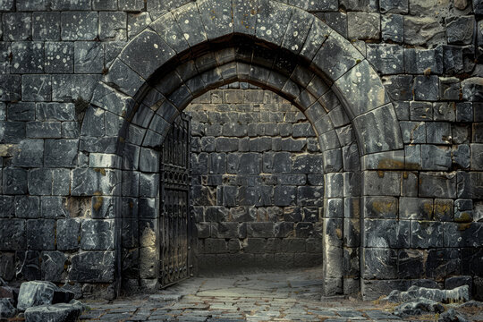 A stone archway with a large iron gate
