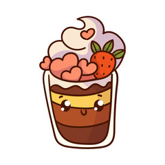 Cute sweet cocktail icon in kawaii style with smiling face and pink cheeks for sweet design.