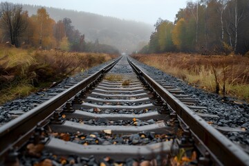 Fototapeta premium Tranquil Autumn Scene Along Abandoned Railway Tracks