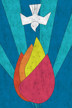 Pentecost illustration with a dove as a symbol of the Holy Spirit and a flame as a stained glass picture. 