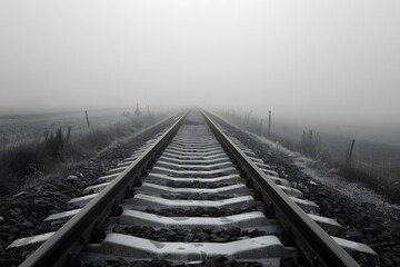 Fototapeta premium Mysterious Foggy Railroad Tracks Stretching into the Unknown